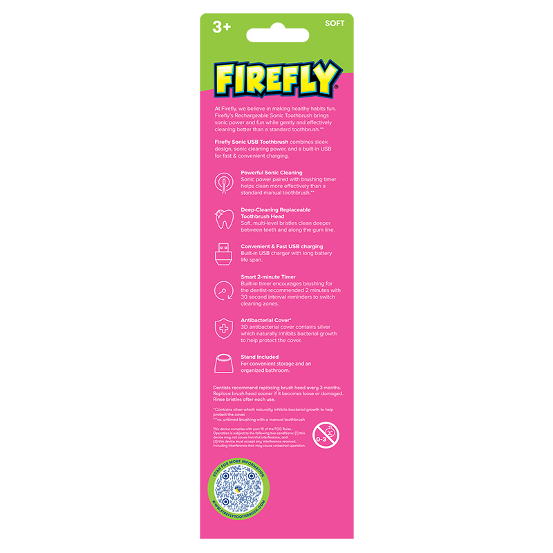 Firefly Sonic Barbie Toothbrush with USB Charging and Antibacterial Cover, Ages 3+