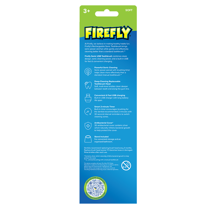 Firefly Sonic Hot Wheels Toothbrush with USB Charging and Antibacterial Cover, Ages 3+