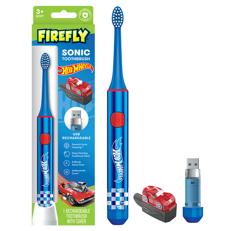 Firefly Sonic Hot Wheels Toothbrush with USB Charging and Antibacterial Cover, Ages 3+