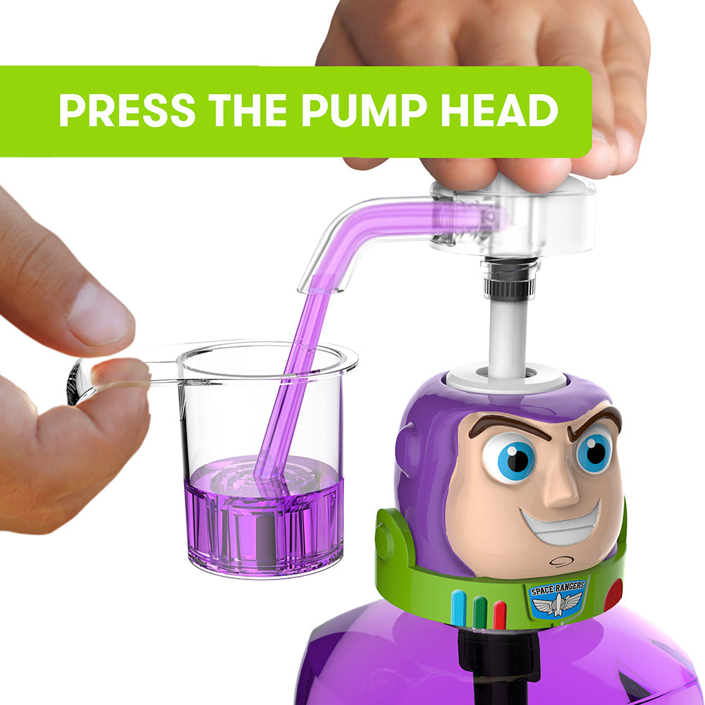 Child pumping the head of Firefly Toy Story Buzz Lightyear Anti-cavity Fluoride Rinse, Bubble Berry Flavor, 16 Oz, press the pump head