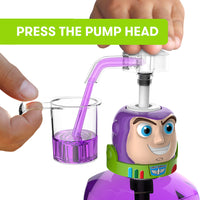 Child pumping the head of Firefly Toy Story Buzz Lightyear Anti-cavity Fluoride Rinse, Bubble Berry Flavor, 16 Oz, press the pump head