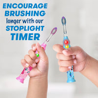 Children's hands holding My Little Pony Blue and Pink light up timer toothbrushes. Encourage brushing longer with our stoplight timer