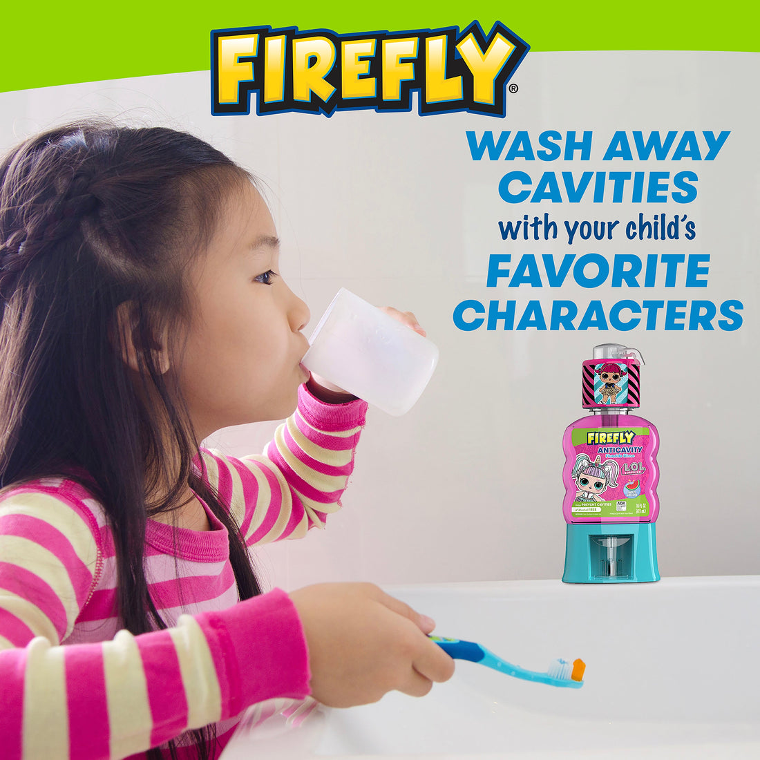 Child sipping a cup at the sink holding Firefly Toothbrush, Wash away cavities with your child&