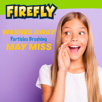 Child smiling. Washes away particles brushing may miss