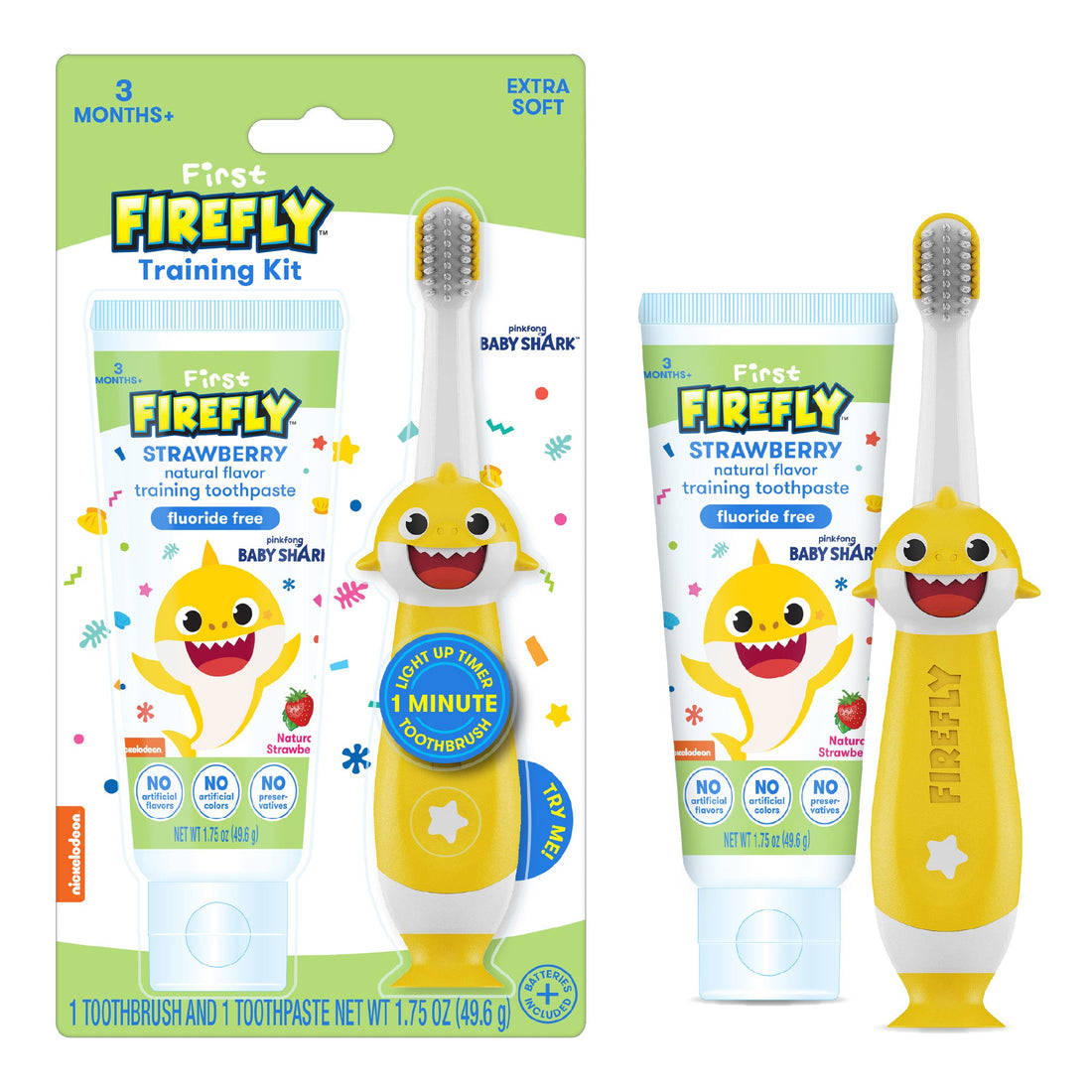 First Firefly Baby Shark Training Kit, Light Up Toothbrush and Natural Strawberry Flavor Training Toothpaste