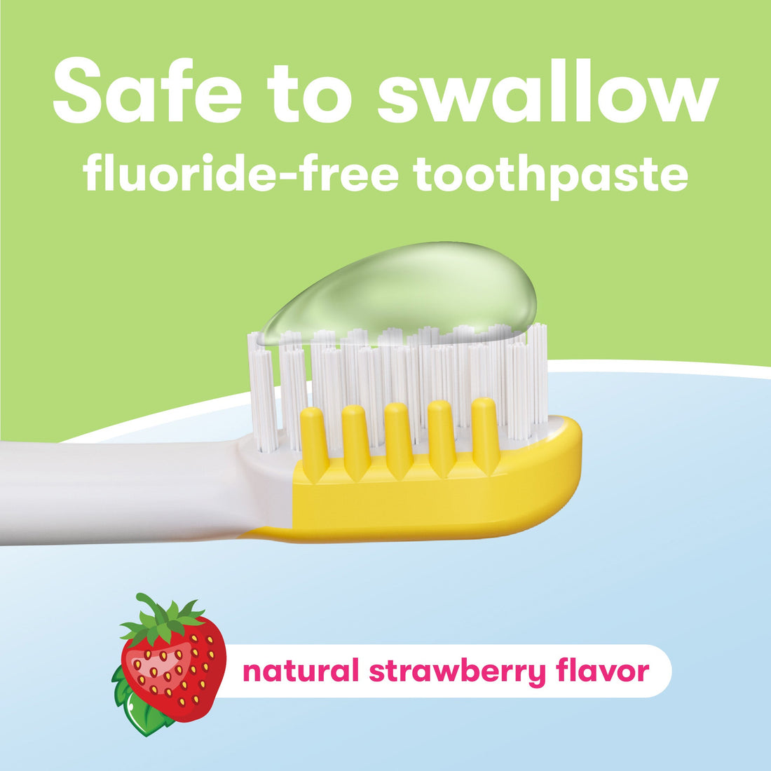 First Firefly Baby Shark Light up toothbrush head with tooth gel close up, Safe to swallow fluoride-free toothpaste, natural strawberry flavor