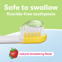 First Firefly Baby Shark Light up toothbrush head with tooth gel close up, Safe to swallow fluoride-free toothpaste, natural strawberry flavor