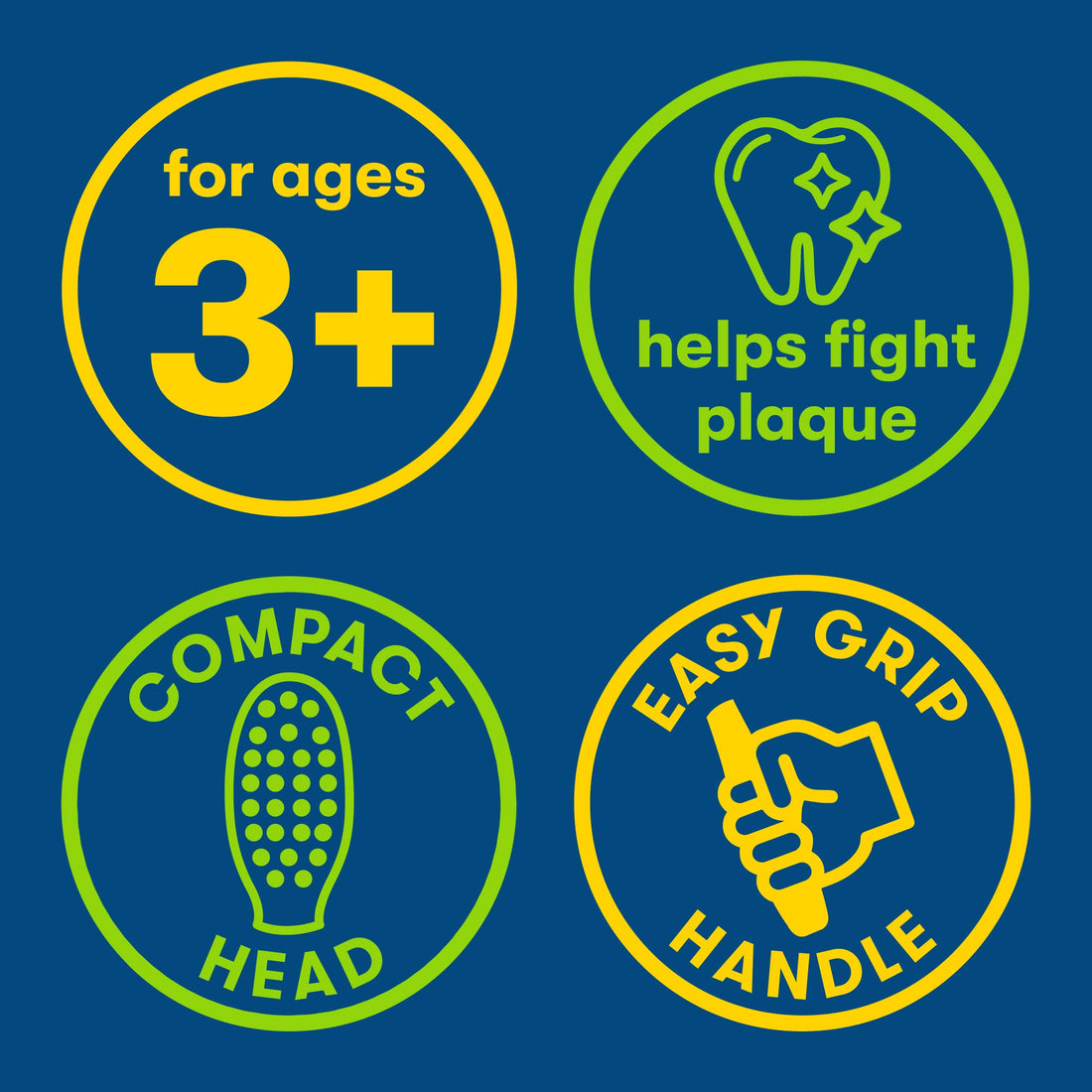 Icons: for ages 3+, helps fight plaque, compact head, easy grip handle