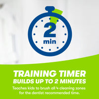 Timer icon. 2-minute training timer. Teaches kids to brush all 4 cleaning zones for the dentist recommended time