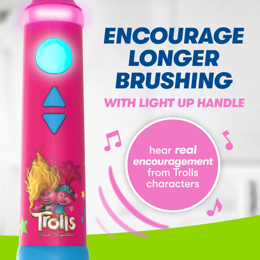 Close up of Firefly Play Action Trolls Toothbrush handle. Encourage longer brushing with light up handle. Icon: Hear real encouragement from Trolls Characters