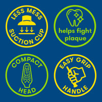 Icons: Less mess suction cup, helps fight plaque, compact head, easy grip handle