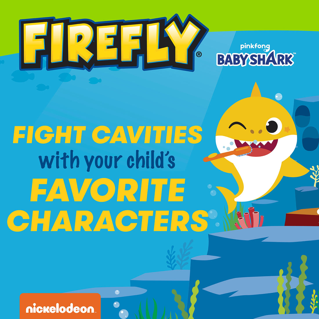 Baby Shark holding a toothbrush brushing teeth. Fight cavities with your child&
