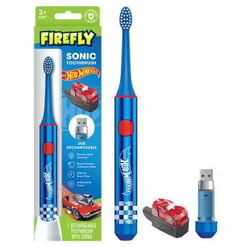 Firefly Sonic Hot Wheels Toothbrush with USB Charging and Antibacterial Cover, Ages 3+