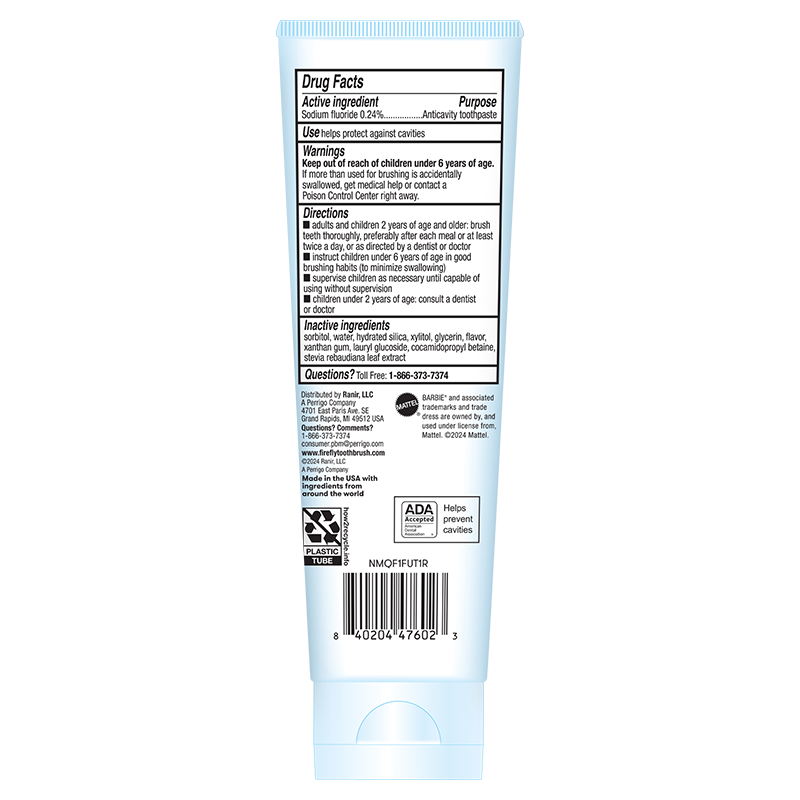 Firefly Kids Anticavity Natural Fluoride Toothpaste, Barbie, Bubble Gum Flavor