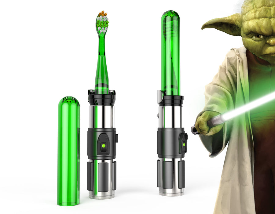 Firefly Star Wars Green Lightsaber toothbrush and cap and Yoda holding a lightsaber