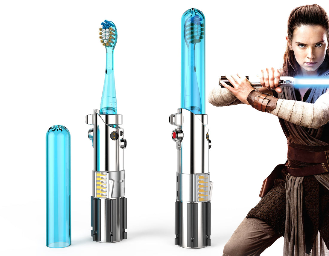 Firefly Star Wars Blue Lightsaber toothbrush and cap and Rey holding a lightsaber