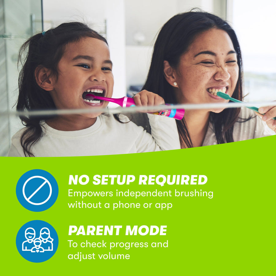 Child and parent smiling at each other. Icons: Parent mode, to check progress and adjust volume. No Set-Up Required, empowers independent brushing without a phone or app