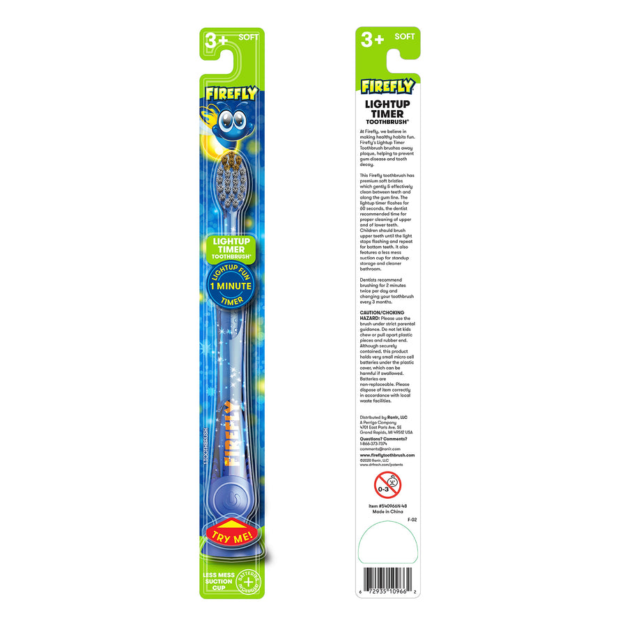 Firefly Light Up Timer Toothbrush, Premium Soft Bristles, 1 Count, Back of package