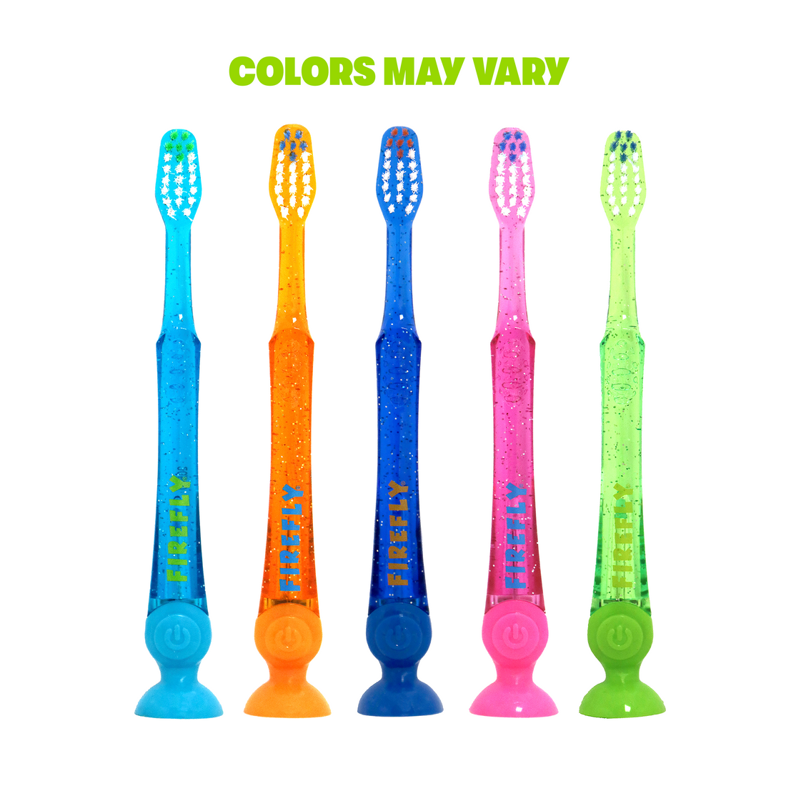 Light blue, orange, dark blue, pink, lime green colors of toothbrush, Colors may vary