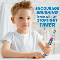 Child holding Ready Go Avengers Toothbrush, Encourage brushing longer with our stoplight timer
