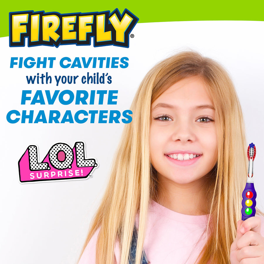 Child holding LOL Surprise Toothbrush. Fight cavities with your child's favorite characters