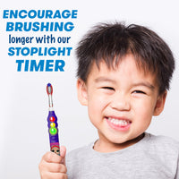 Child holding L.O.L. Surprise! Ready Go light up timer toothbrush. Encourage brushing longer with our stoplight timer