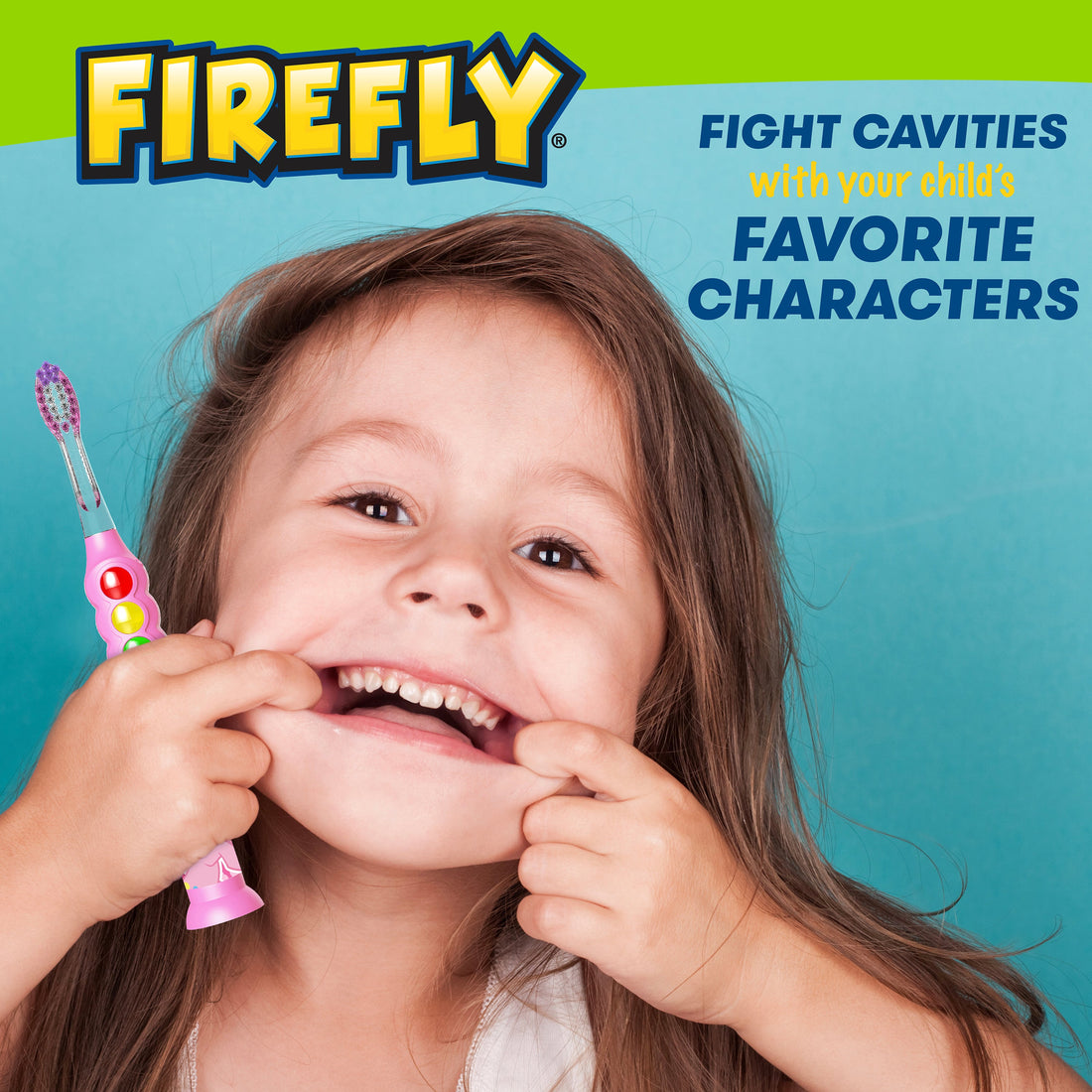 Child smiling wide holding a My Little Pony Pink Toothbrush. Fight cavities with your child&