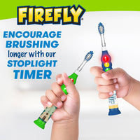Hands holding Firefly Ready Go Star Wars Light Up Time Toothbrush with Baby Yoda and R2D2, Encourage brushing longer with our stoplight timer