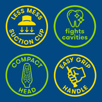Icons: Less mess suction cup, helps fight plaque, compact head, easy grip handle
