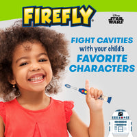 Child holding an R2D2 Star Wars Ready Go Light Up Timer Toothbrush. R2D2 logo at the bottom. Fight cavities with your child's favorite characters