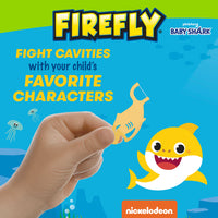 Child holding Baby Shark flosser. Baby Shark character swimming. Fight cavities with your child's favorite characters