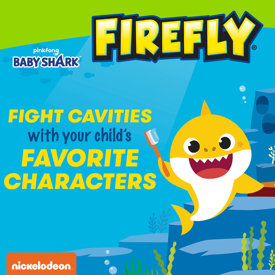 Baby Shark holding a toothbrush. Fight cavities with your child's favorite characters