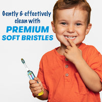 Child pointing at teeth, holding a Firefly Sea N' Sound Baby Shark Toothbrush, Gently and effectively clean with premium soft bristles