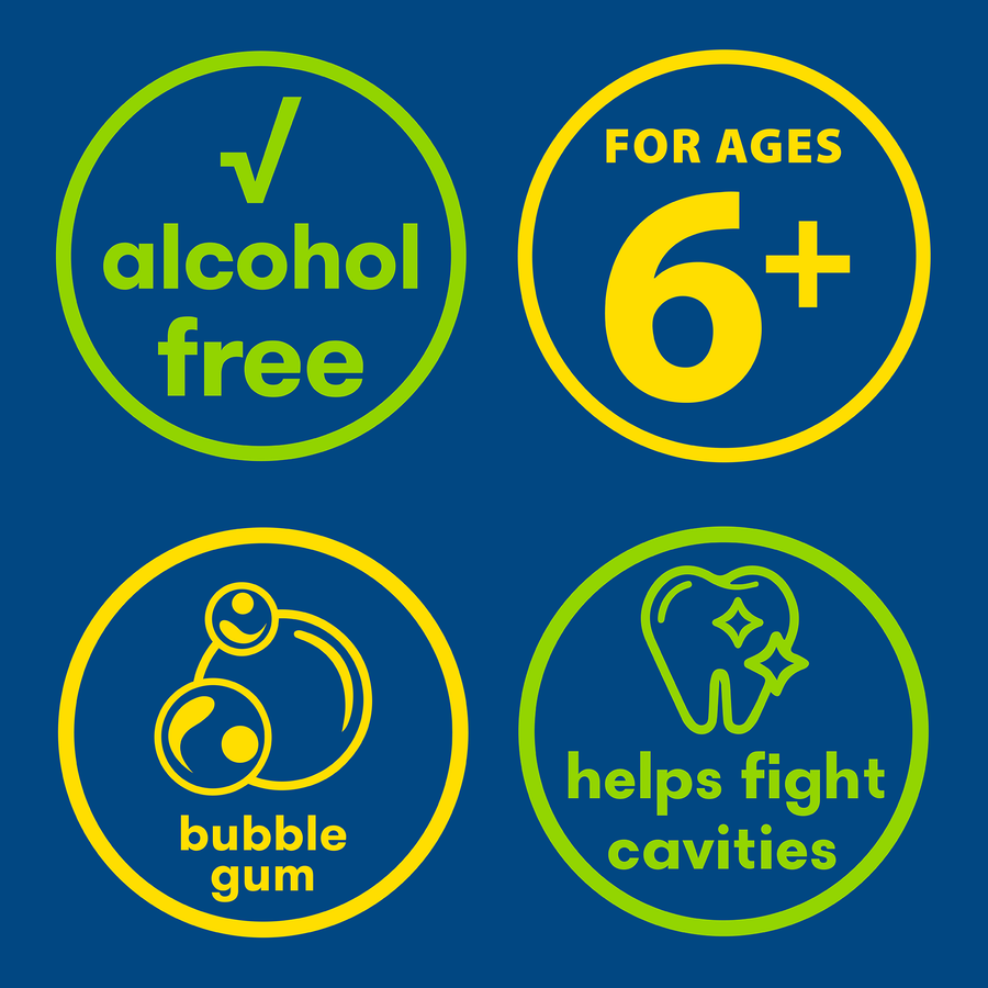 Icons: Alcohol free, for ages 6+, bubble gum, helps fight plaque