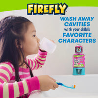 Child sipping a cup at the sink holding Firefly Toothbrush, Wash away cavities with your child's favorite characters