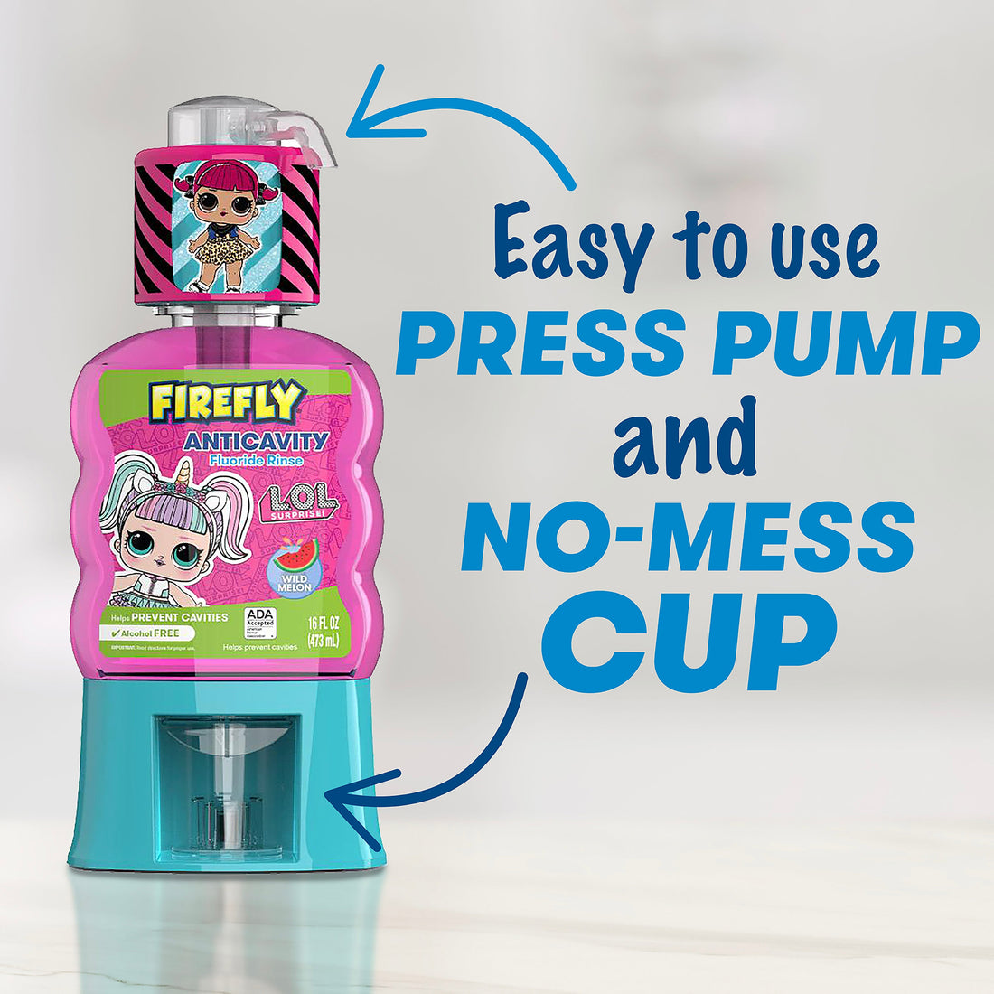 Firefly L.O.L. SURPRISE! Anti-cavity Fluoride Rinse, Wild Melon Flavor, 16 Oz, Easy to use, press pump and no-mess cup