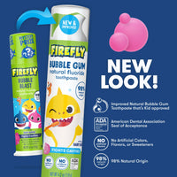 Baby Shark Anti-Cavity Natural Fluoride Toothpaste, Bubble Gum Flavor, white, New Look, Improved Natural Bubble Gum toothpaste that's kid approved, American Dental Association Seal of Acceptance, No artificial colors, flavors, or sweeteners, 98% Natural Origin