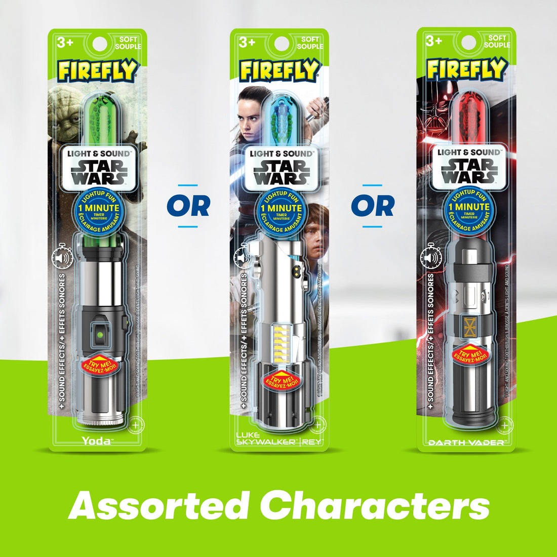 3 Firefly Star Wars Lightsaber Toothbrushes Yoda, Rey and Luke, Darth Vader, Assorted characters