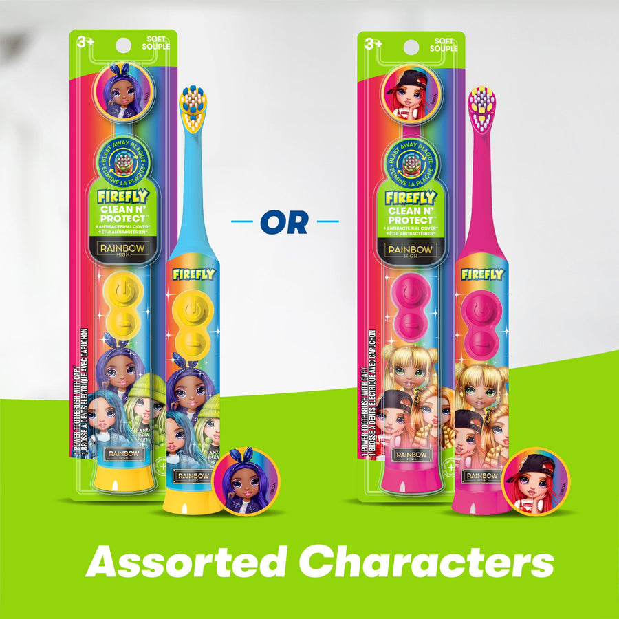 Firefly Clean N' Protect Rainbow High Toothbrushes in rainbow colors, assorted characters