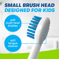 Close up of Firefly Sonic Replacement Brush Heads,. Small brush head designed for kids. Icons: Soft multi-level bristles, soft tongue cleaner