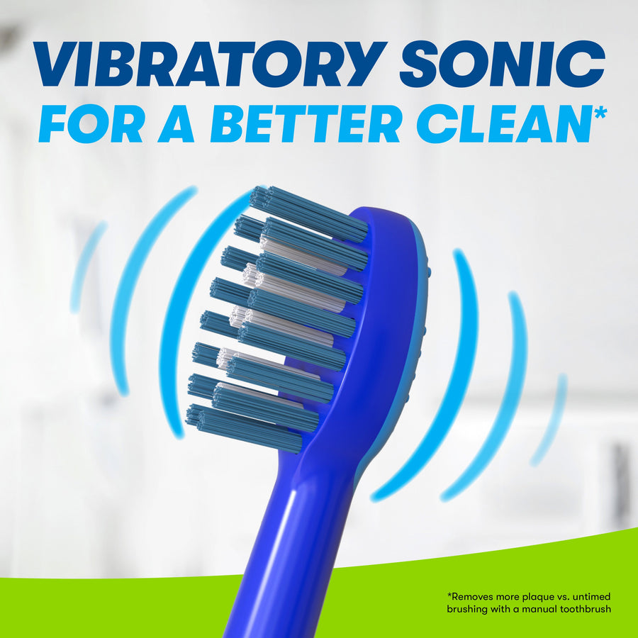 Close up of vibrating Sonic the Hedgehog Play Action toothbrush bristles. Vibratory sonic for a better clean, removes more plaque vs untimed brushing with a manual toothbrush.