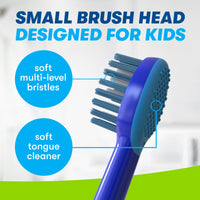 Close up of Sonic the Hedgehog Play Action toothbrush bristles. Small brush head designed for kids. Icons: Soft multi-level bristles. Soft tongue cleaner