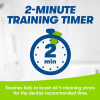 Timer icon. 2-minute training timer. Teaches kids to brush all 4 cleaning zones for the dentist recommended time