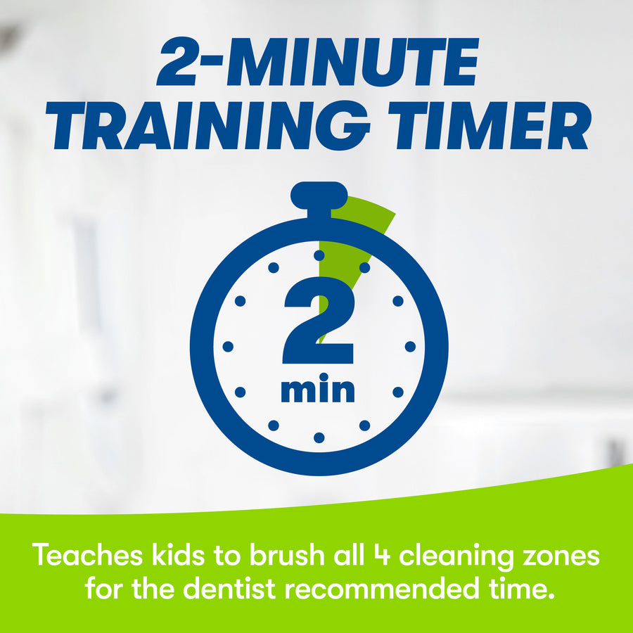 Timer icon. 2-minute training timer. Teaches kids to brush all 4 cleaning zones for the dentist recommended time