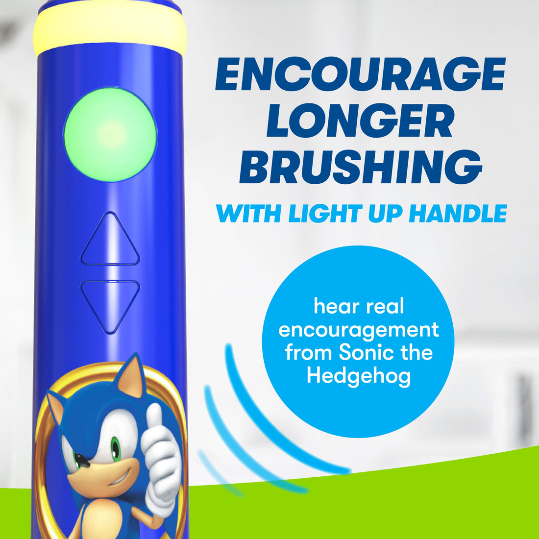 Close up of Firefly Play Action Sonic the Hedgehog Toothbrush handle. Encourage longer brushing with light up handle. Icon: Hear real encouragement from Sonic the Hedgehog