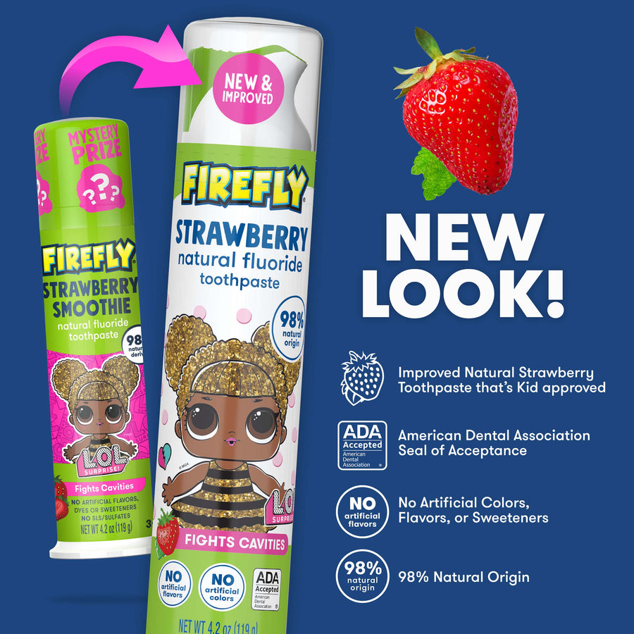 Firefly Kids L.O.L. Surprise! Anti-Cavity Natural Fluoride Toothpaste, Strawberry Flavor, green and Firefly Kids Baby Shark Anti-Cavity Natural Fluoride Toothpaste, Bubble Gum Flavor, white, New Look, Improved Natural Bubble Gum toothpaste that's kid approved, American Dental Association Seal of Acceptance, No artificial colors, flavors, or sweeteners, 98% Natural Origin