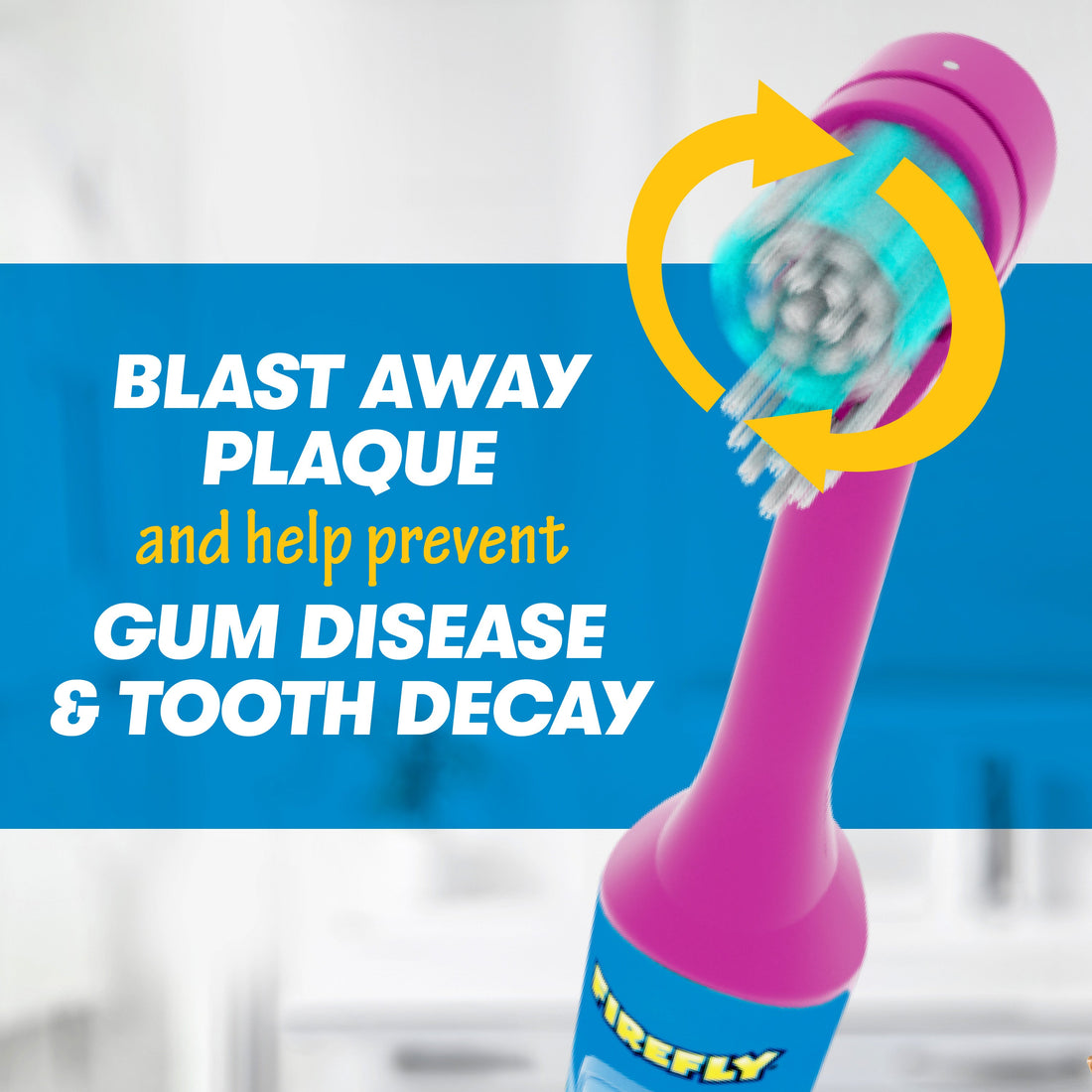 Firefly Clean and Protect toothbrush with a rotating head. Blast Away Plaque and help prevent gum disease and tooth decay