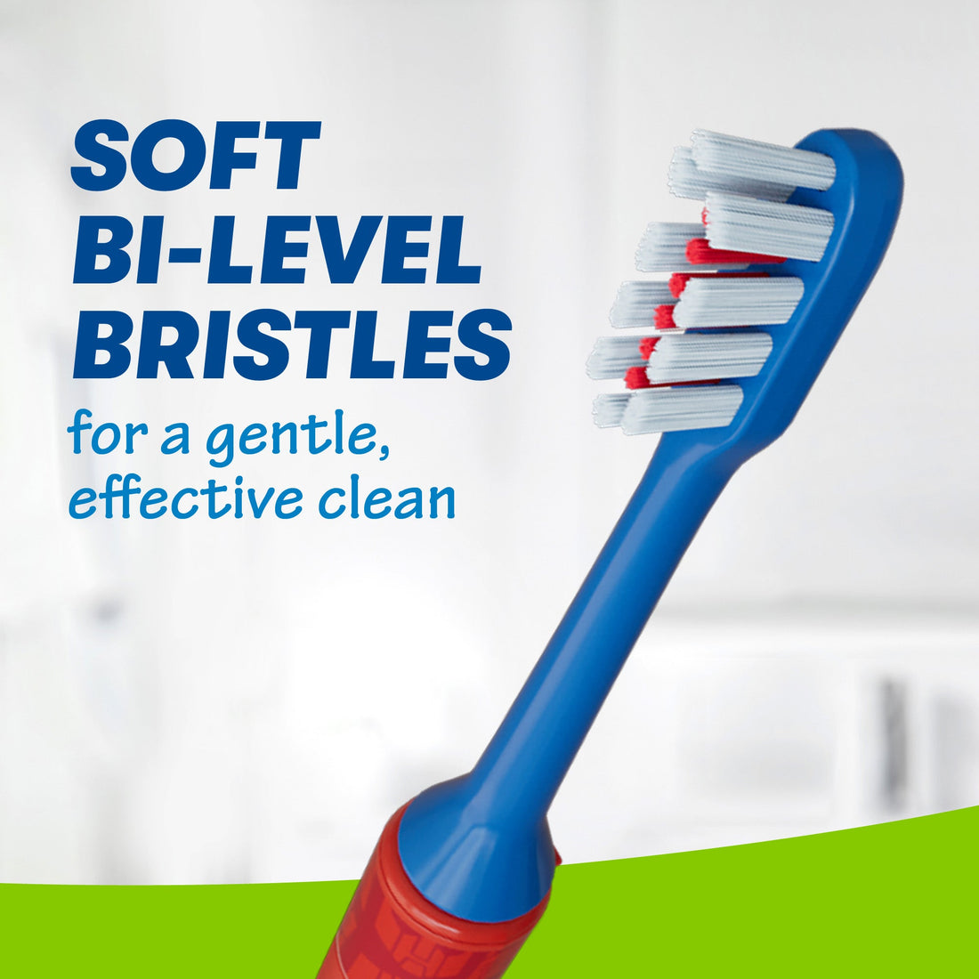 Close up of Transformers Sonic Toothbrush, Soft Bi-level bristles for a gentle, effective clean