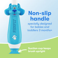 First Firefly Blue's Clues Light up toothbrush, Non-slip handle specially designed for babies and toddlers 3 months+, arrow pointing at suction cup that keeps brush upright