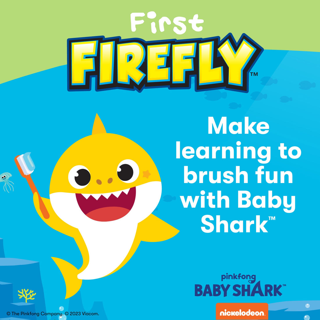 Character Baby Shark holding a toothbrush, Make learning to brush fun with Baby Shark